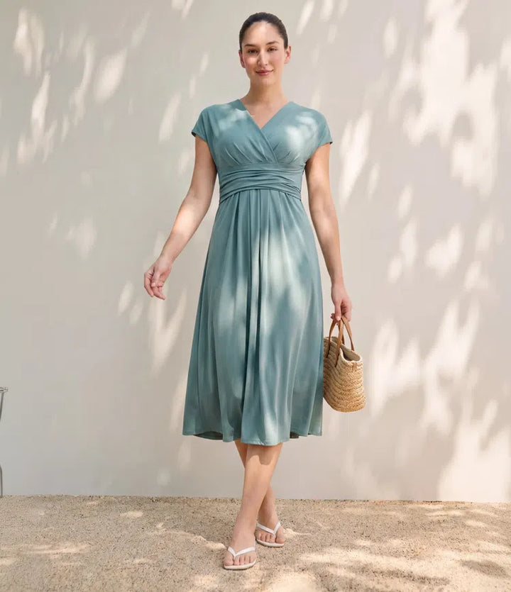 Breezeful V Neck Short Sleeve Pocket Tie Back Quick Dry Midi Casual Dress