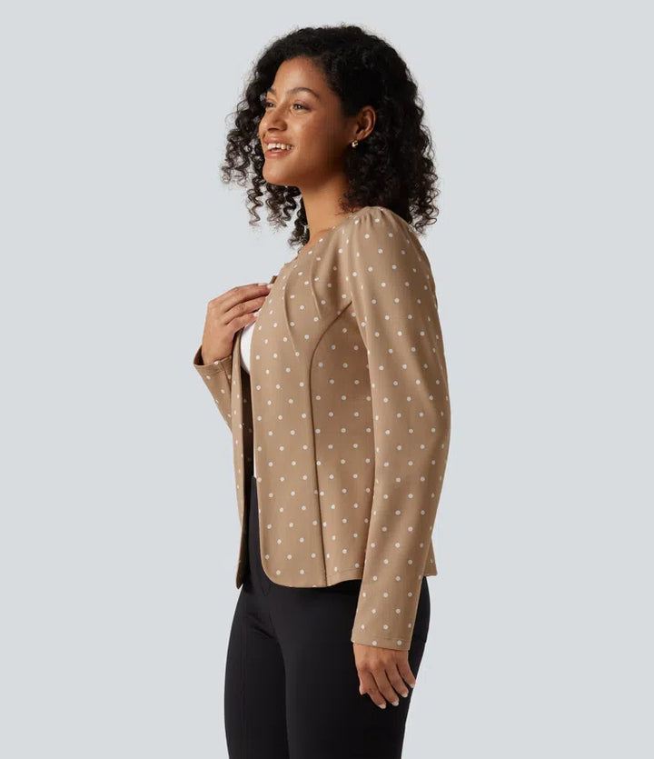 Round Neck Curved Hem Polka Dot Long Sleeve Work Blazer