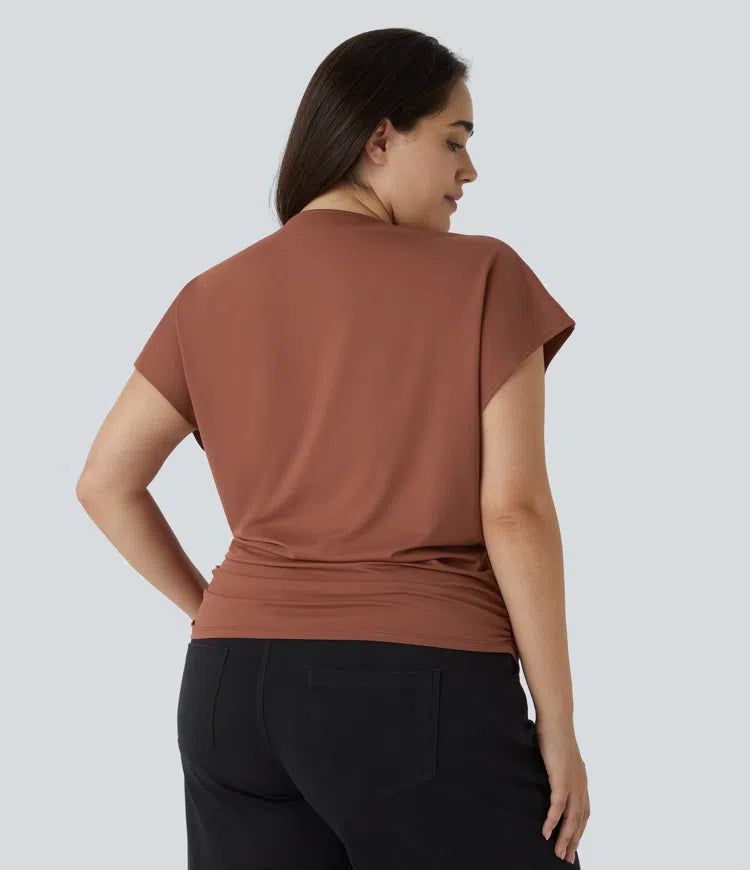 V Neck Cap Sleeve Crossover Ruched Solid Work Plus Size Blouse