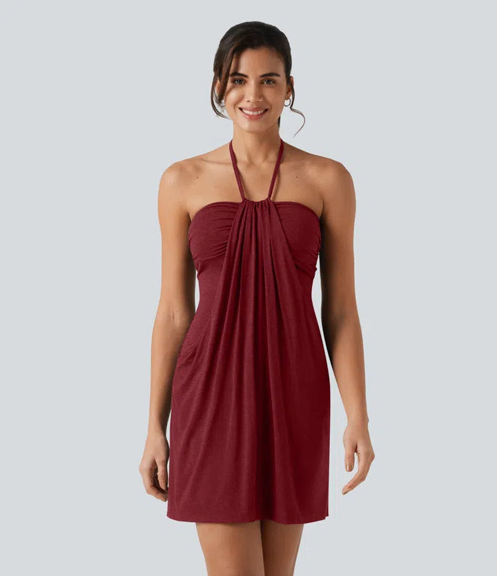 Halter Tie Back Mini Resort Dress with Pockets