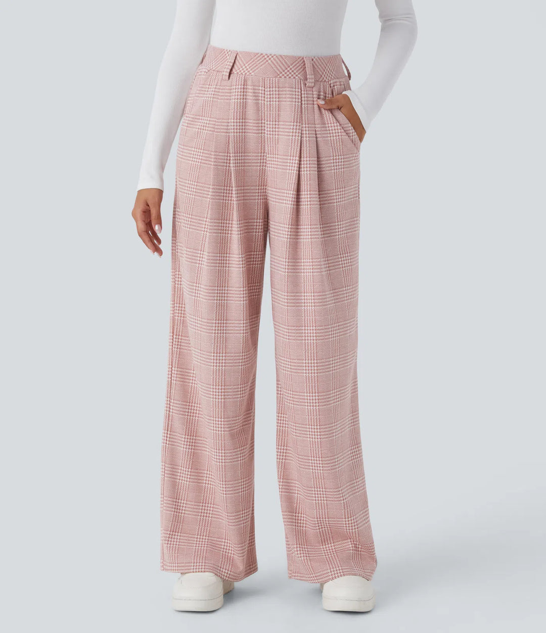 High Waisted Pocket Wide Leg Baggy Houndstooth Plaid Casual Pants