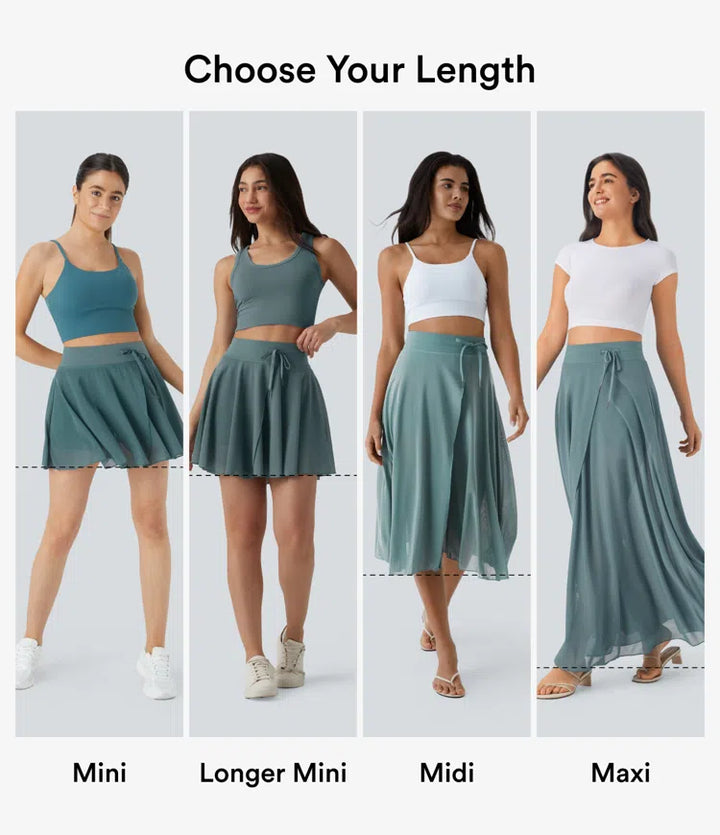 High Waisted Drawstring Contrast Mesh 2-in-1 Pocket Flowy Midi Flare Casual Skirt