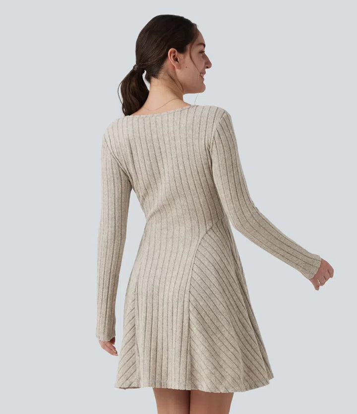 Ribbed Knit V Neck Long Sleeve Flare Mini Casual Dress with Pockets