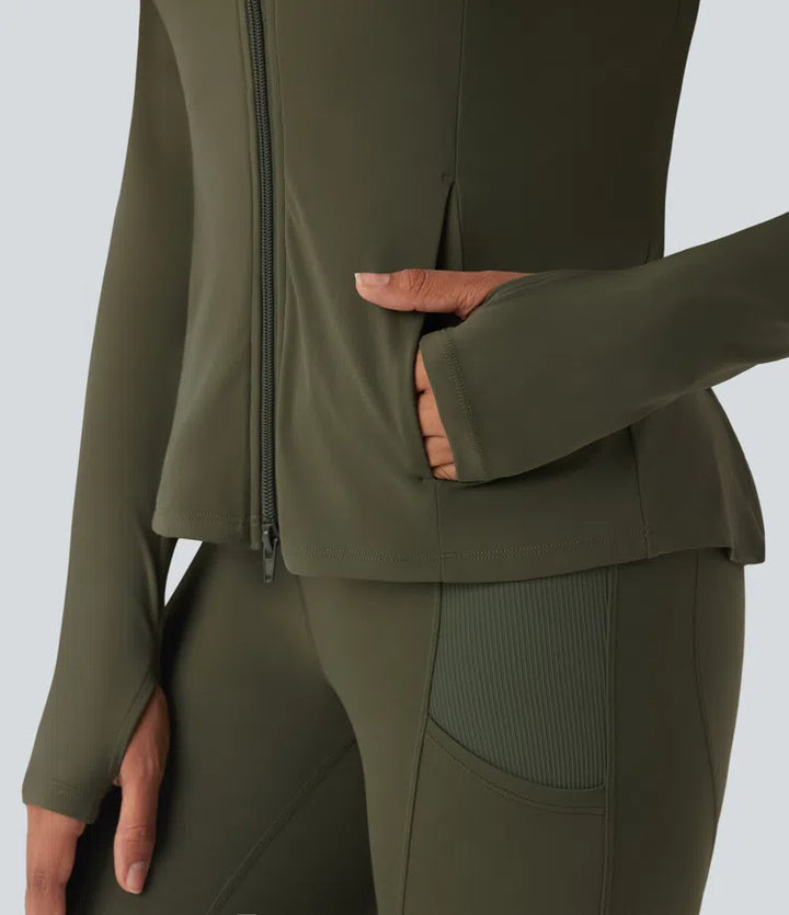 SoftlyZero Hooded Long Sleeve Thumb Hole Pleated Jacket with Pockets
