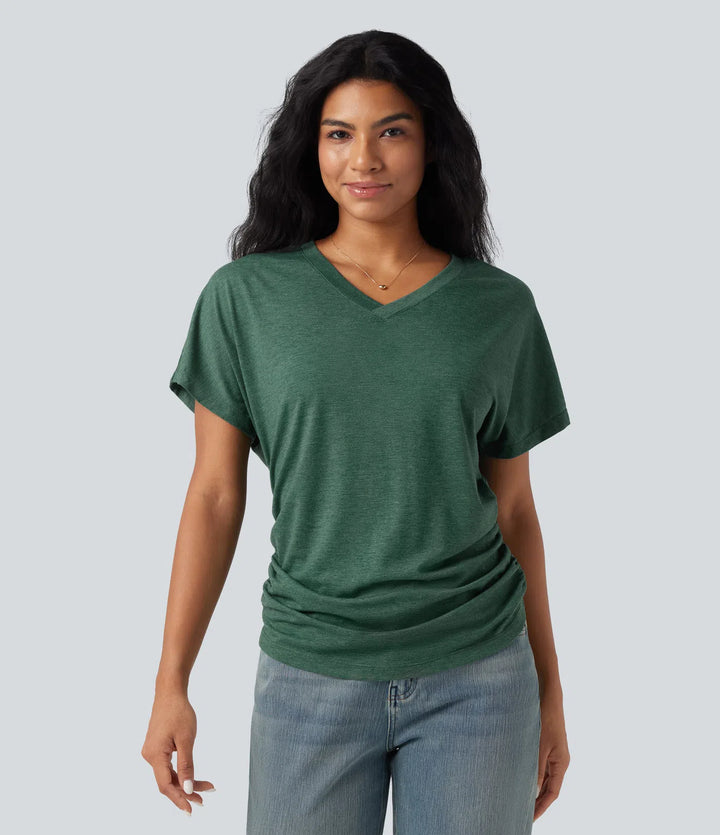 V-neck Short Sleeve Ruched Relaxed Casual Top