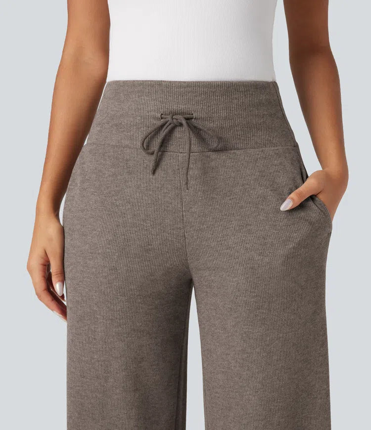 Ribbed Knit High Waisted Tummy Control Drawstring Casual Wide Leg Baggy Pants with Pockets