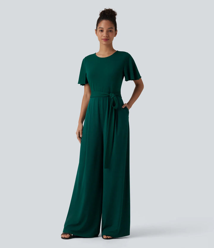 Round Neck Short Sleeve Tie Front Wide Leg Jumpsuit with Pockets-Easy Peezy Edition