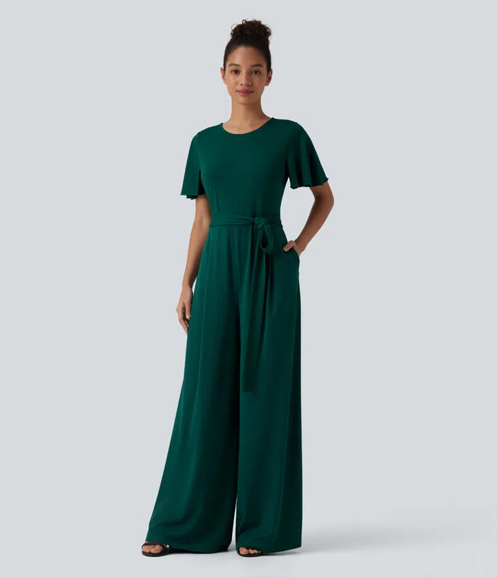 Round Neck Short Sleeve Tie Front Wide Leg Jumpsuit with Pockets-Easy Peezy Edition