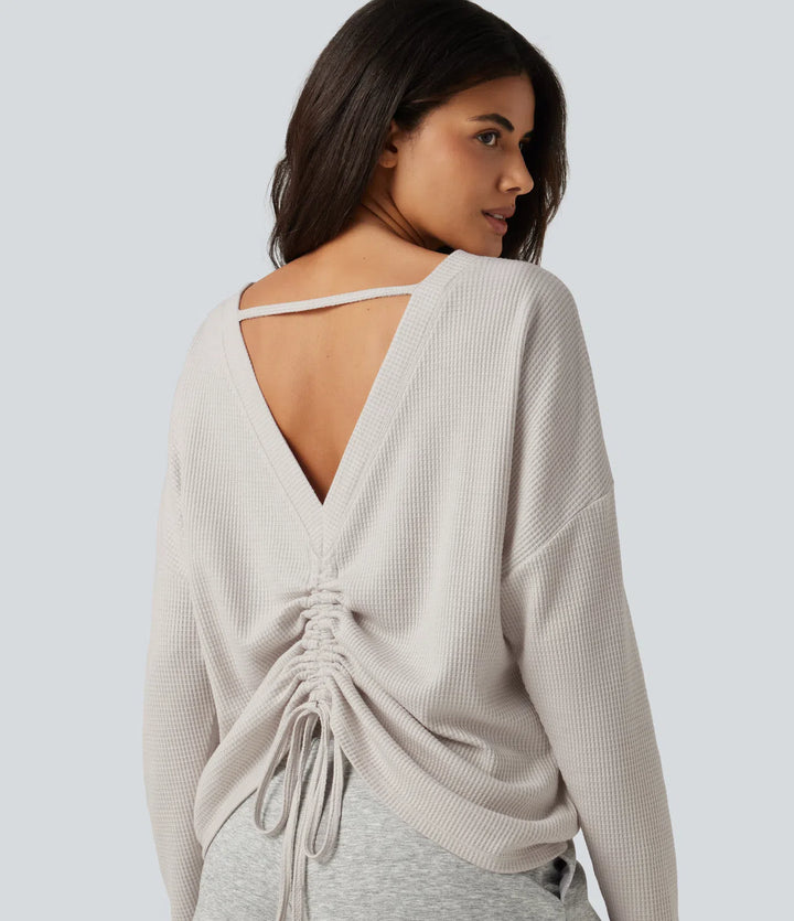 Boat Neck Batwing Long Sleeve Ruched Waffle Lounging Top