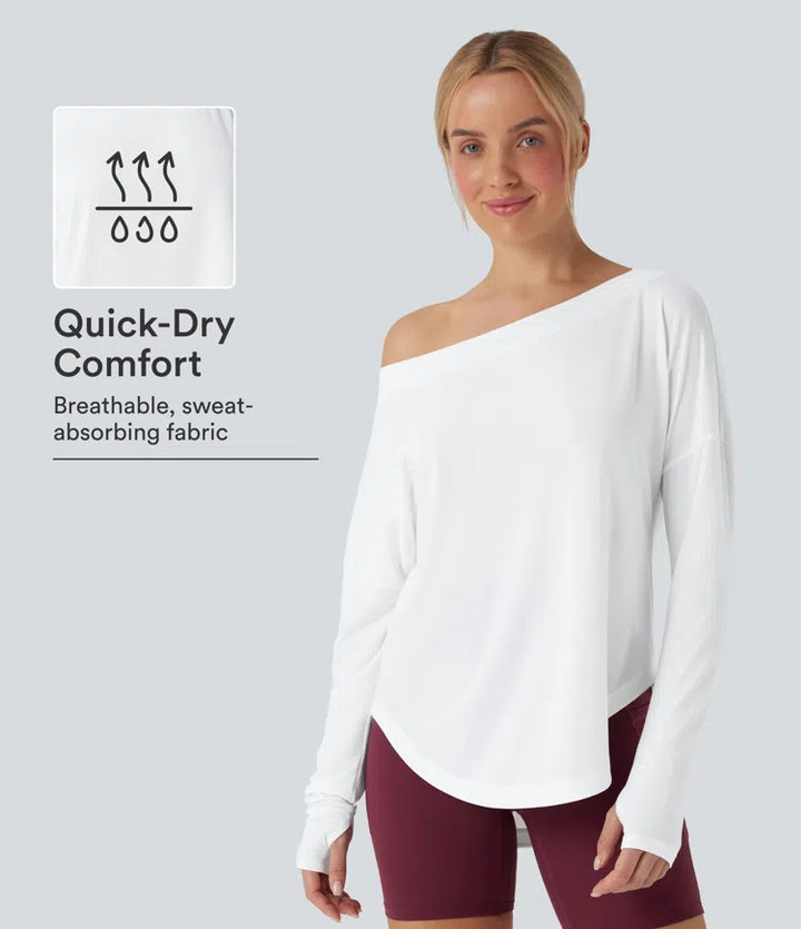 One Shoulder Long Sleeve Thumb Hole Curved Hem High Low Quick Dry Yoga Sports Top