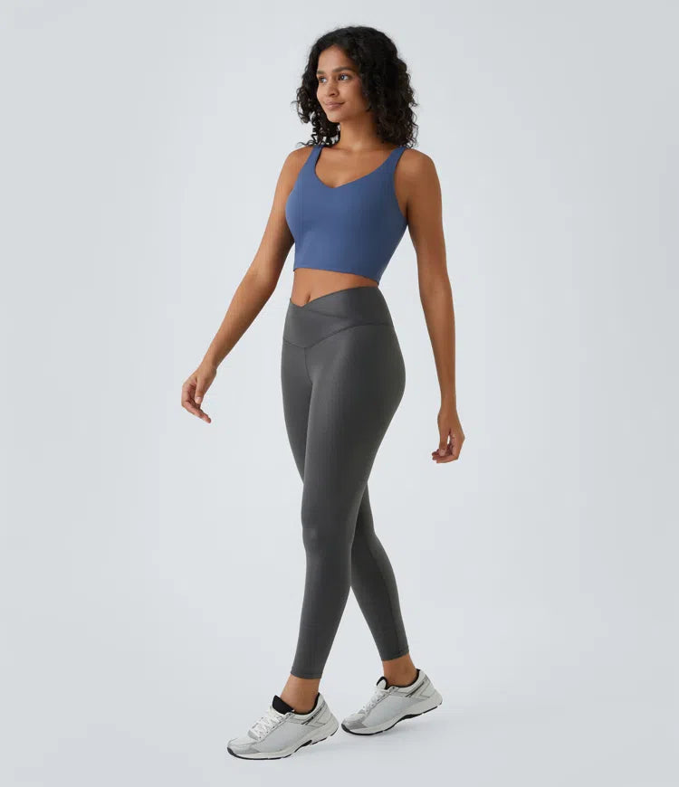 SoftlyZero Faux Leather Crossover Pocket Foil Print Stretchy Casual Leggings
