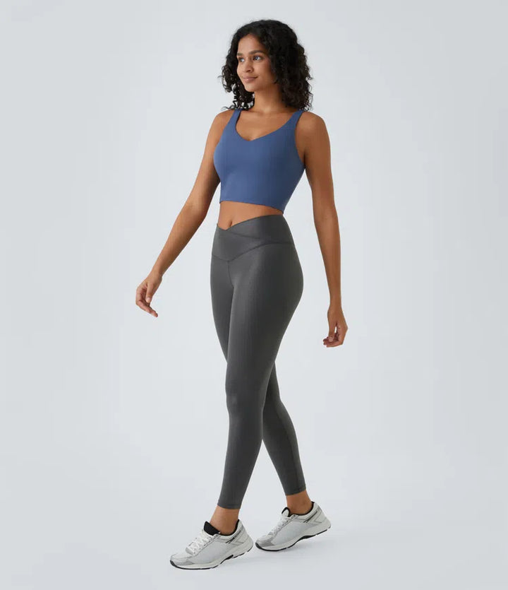 SoftlyZero Faux Leather Crossover Pocket Foil Print Stretchy Casual Leggings