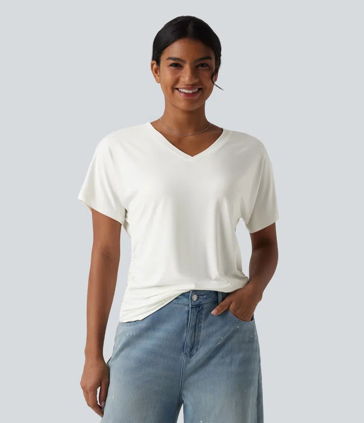 V-neck Short Sleeve Ruched Plain Casual T-Shirt