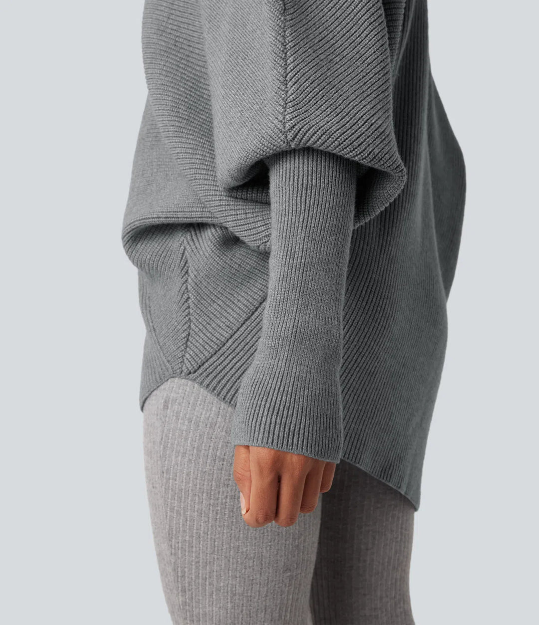 High Neck Batwing Long Sleeve Asymmetric Hem Work Sweater