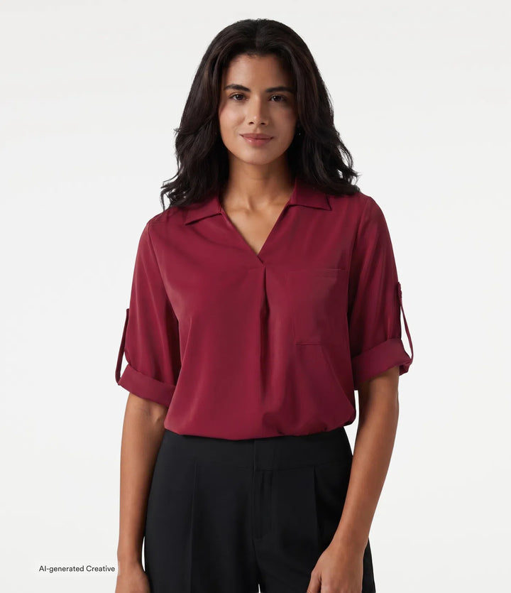Wrinkle Recovery V Neck Long Sleeve Work Shirt with Pocket