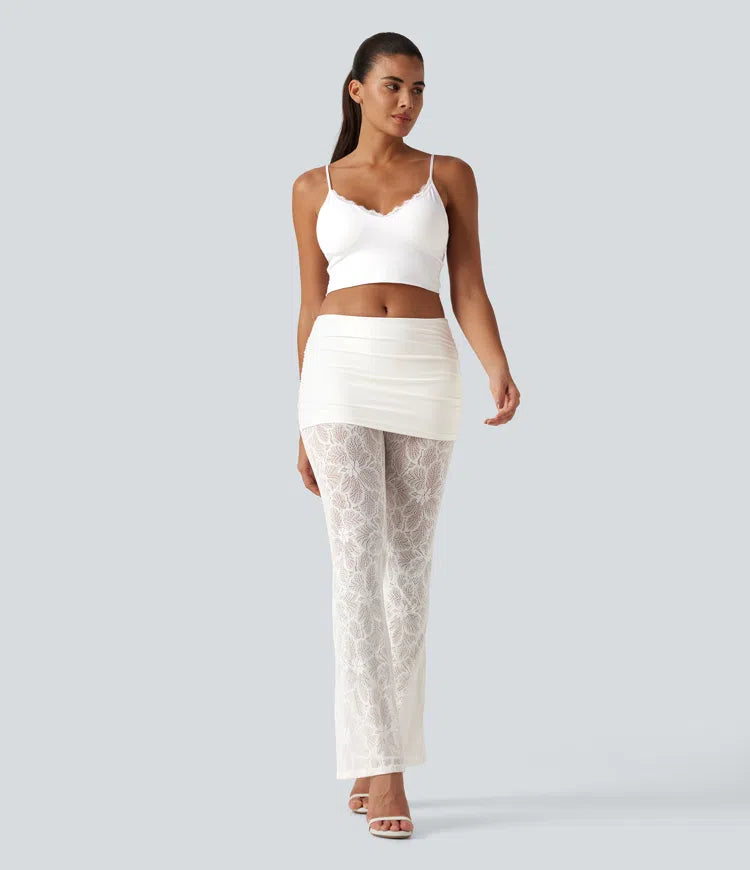 SoftlyZero High Stretch Lace Bootcut Casual Skirted Leggings with Pockets
