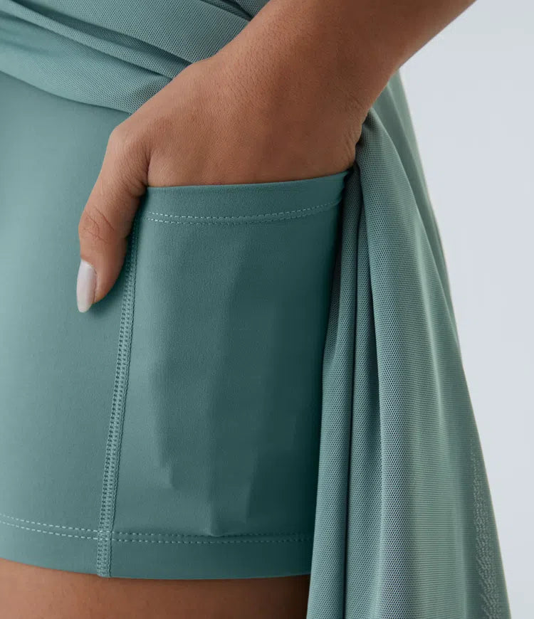 High Waisted Drawstring Contrast Mesh 2-in-1 Pocket Flowy Midi Flare Casual Skirt