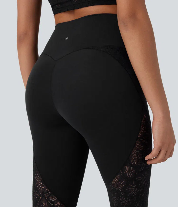 SoftlyZero High Waisted Crossover Pocket Contrast Lace 7/8 Yoga Leggings