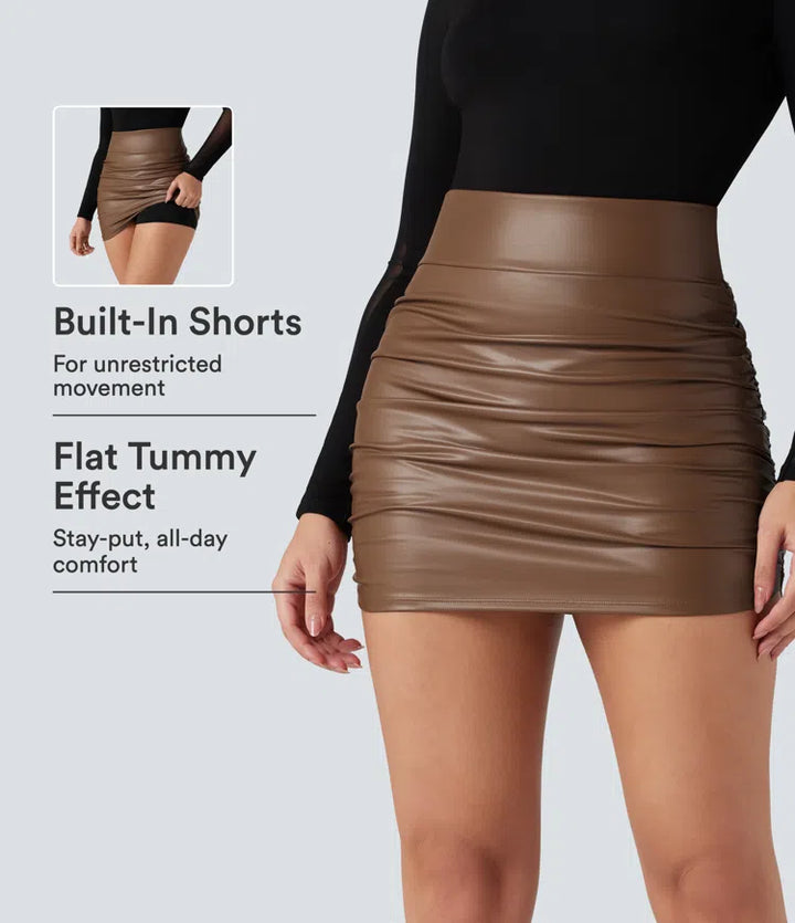 High Waisted Tummy Control Ruched Curved Hem 2-in-1 Fleece PU Mini Bodycon Skirt