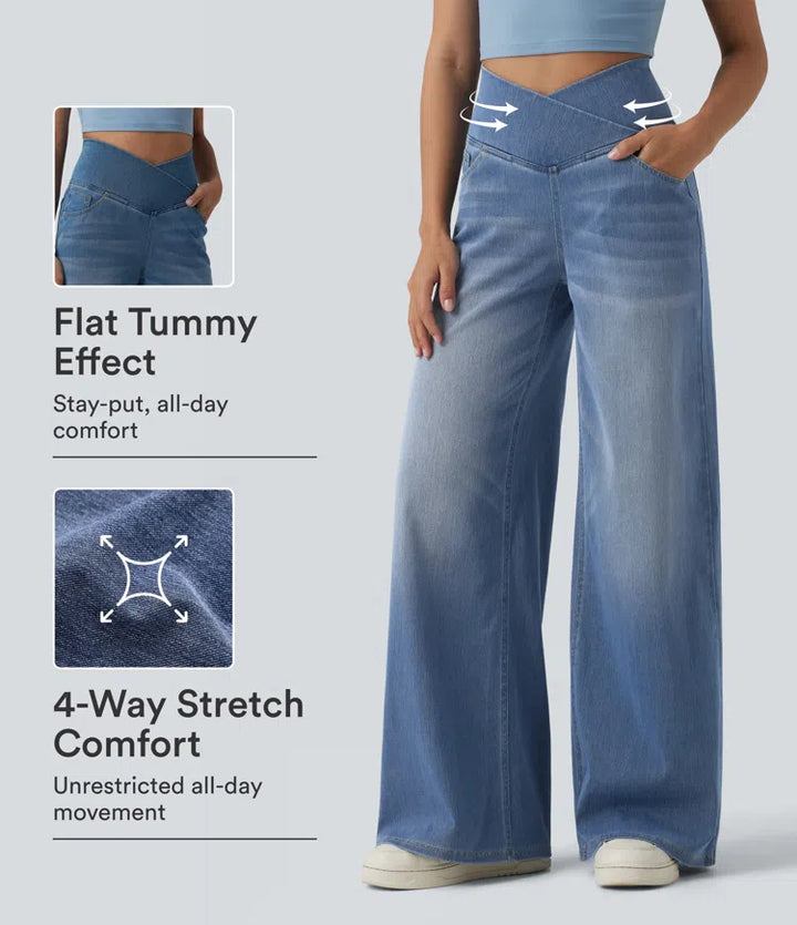 Halara Flex Crossover High Waisted Tummy Control Wide Leg Casual Jeans with Pockets