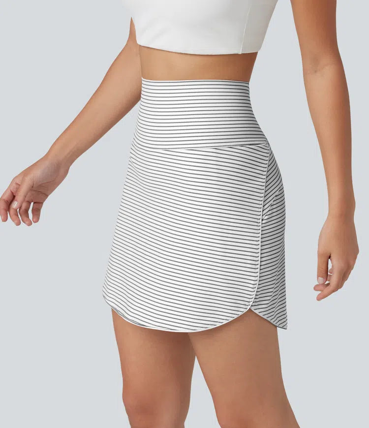 Ultra High-Waist Tummy Control Curved Hem 2-in-1 Stripes Golf Mini Skirt with Pockets