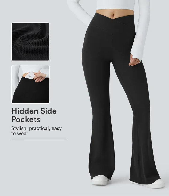 Crossover High Waisted Pocket Waffle Casual Flare Pants