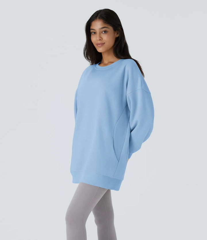 Round Neck Long Sleeve Pocket Oversize Fleece Casual Sweatshirt