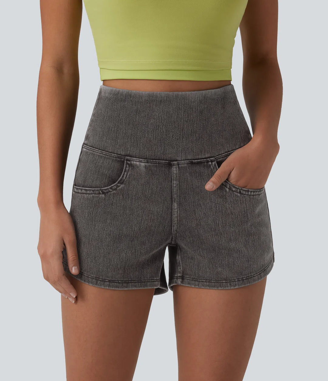 Halara Flex High Waisted Tummy Control Curved Hem Skinny Denim Casual Shorts with Pockets