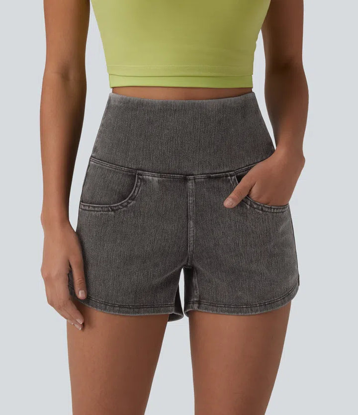 Halara Flex High Waisted Tummy Control Curved Hem Skinny Denim Casual Shorts with Pockets