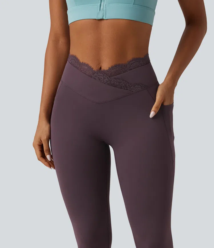 SoftlyZero High Waisted Crossover Contrast Lace Yoga Leggings with Pockets
