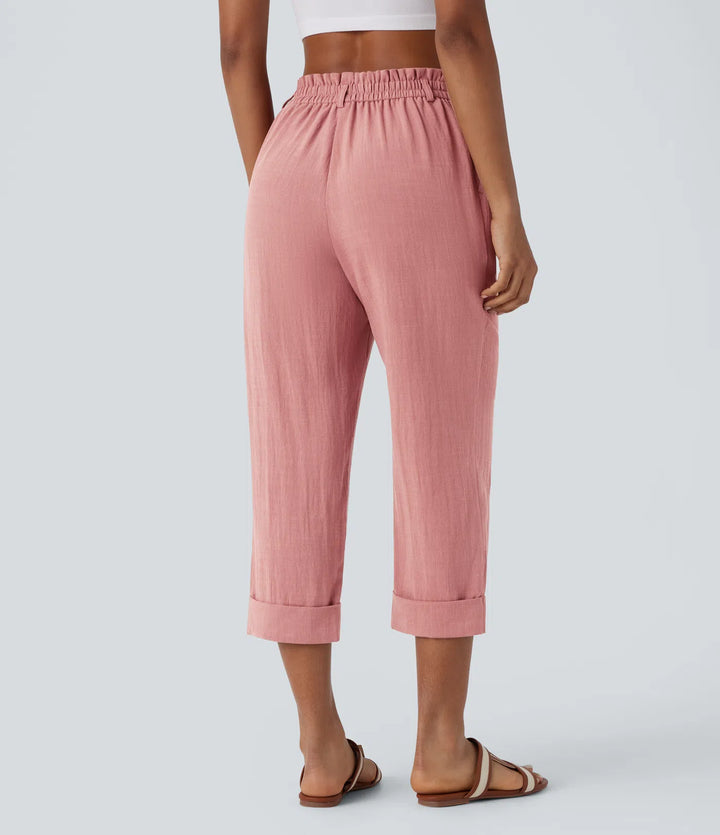 High Waisted Zipper Pocket Cropped Linen-Feel Pants