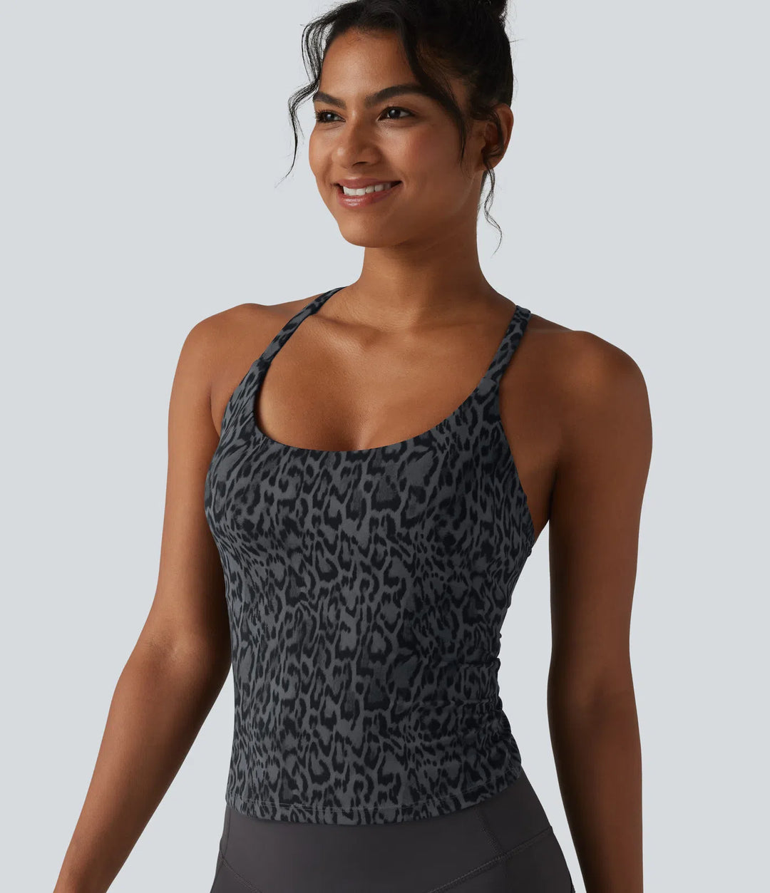 Halara UltraSculpt Leopard Print Scoop Neck Built-in Bra Crossover Hem Yoga Tank Top