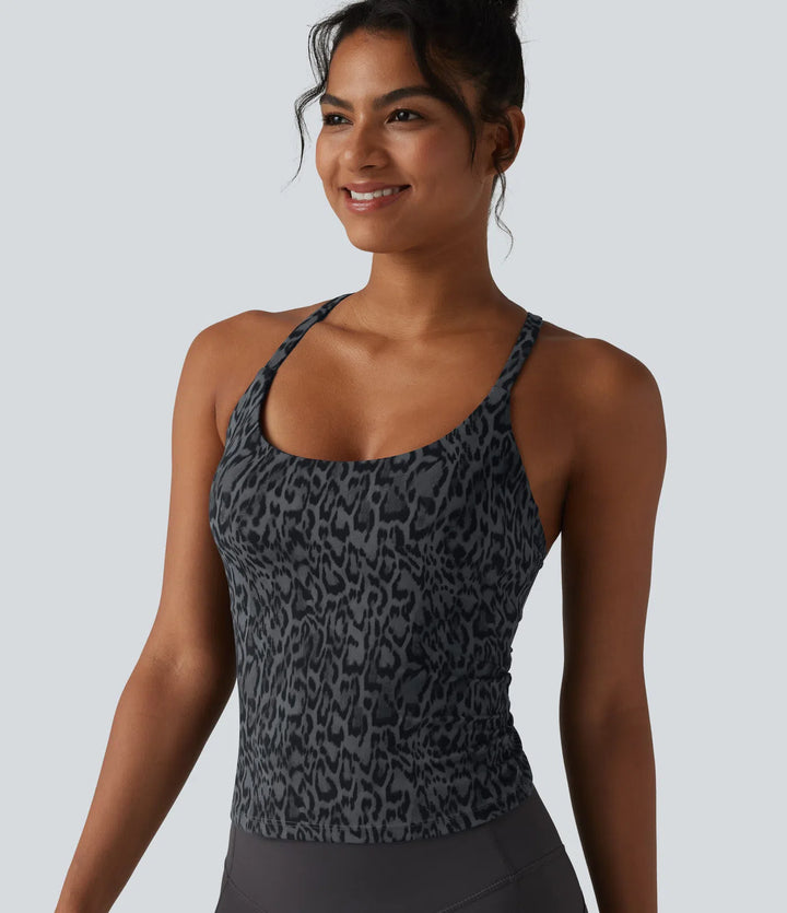 Halara UltraSculpt Leopard Print Scoop Neck Built-in Bra Crossover Hem Yoga Tank Top
