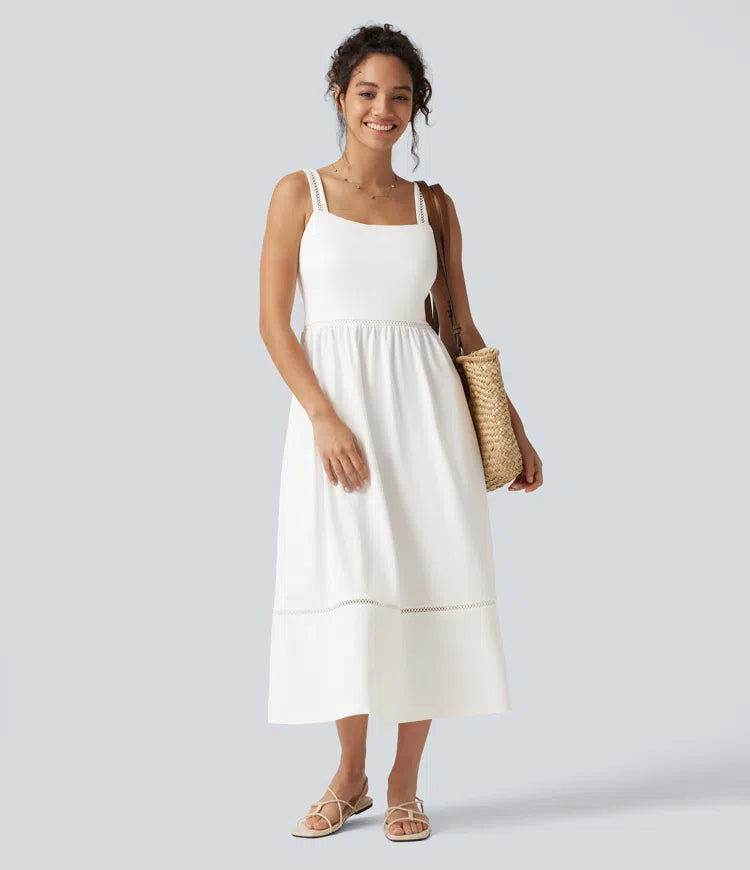 Square Neck Cut Out A-Line Flowy Midi Resort Tank Dress with Pockets