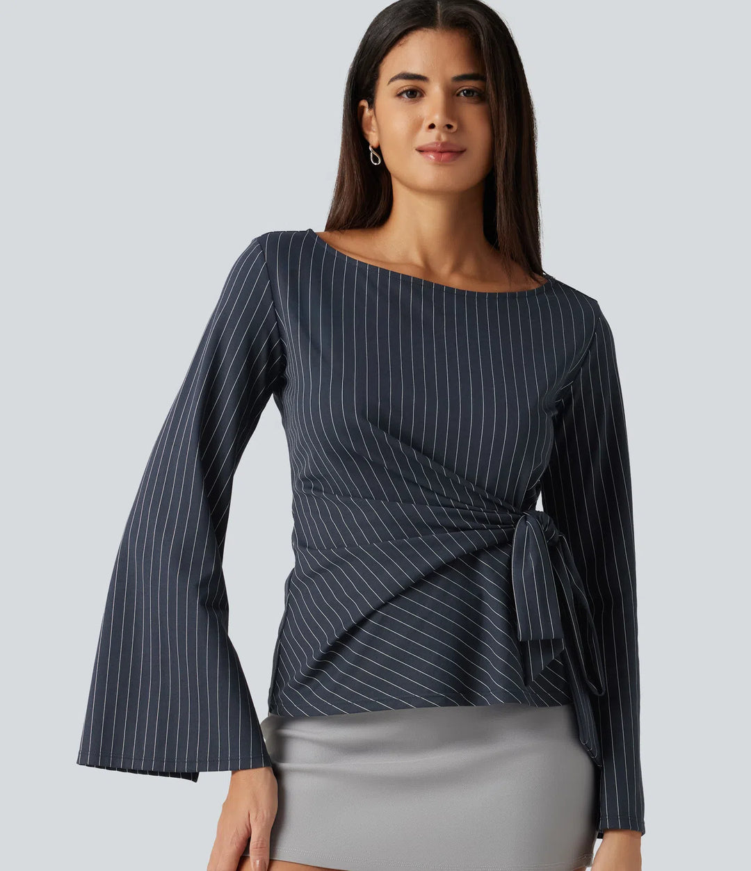 Boat Neck Flounce Long Sleeve Tie Side Ruched Stripe Work Blouse
