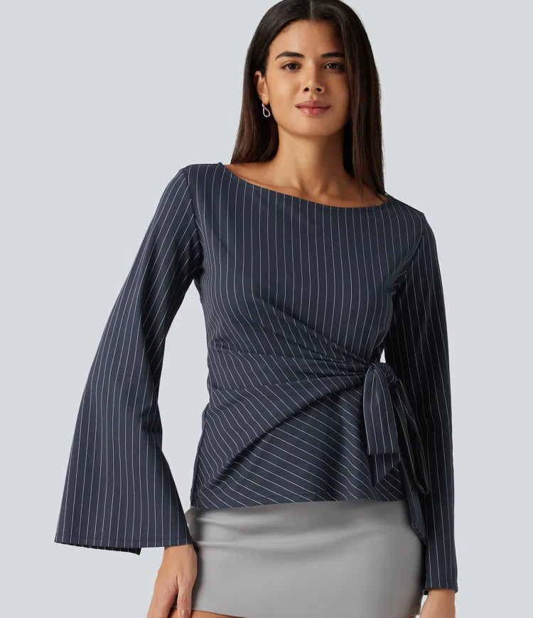 Boat Neck Flounce Long Sleeve Tie Side Ruched Stripe Work Blouse