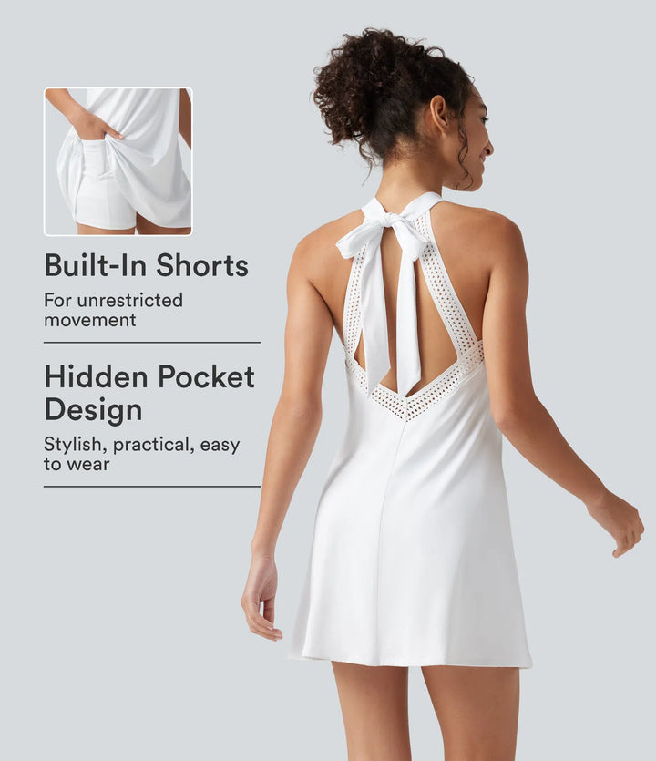 SoftlyZero Airy Tie Back Built-in Bra 2-in-1 InstantCool Mini Yoga Active Dress with Pocket-Longer Length