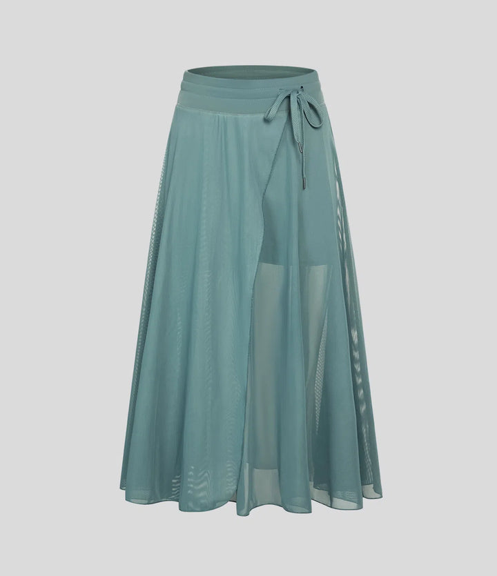 High Waisted Drawstring Contrast Mesh 2-in-1 Pocket Flowy Midi Flare Casual Skirt