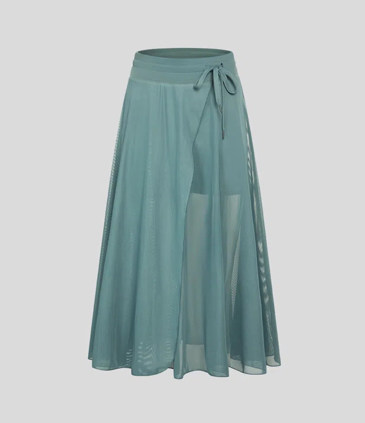 High Waisted Drawstring Contrast Mesh 2-in-1 Pocket Flowy Midi Flare Casual Skirt