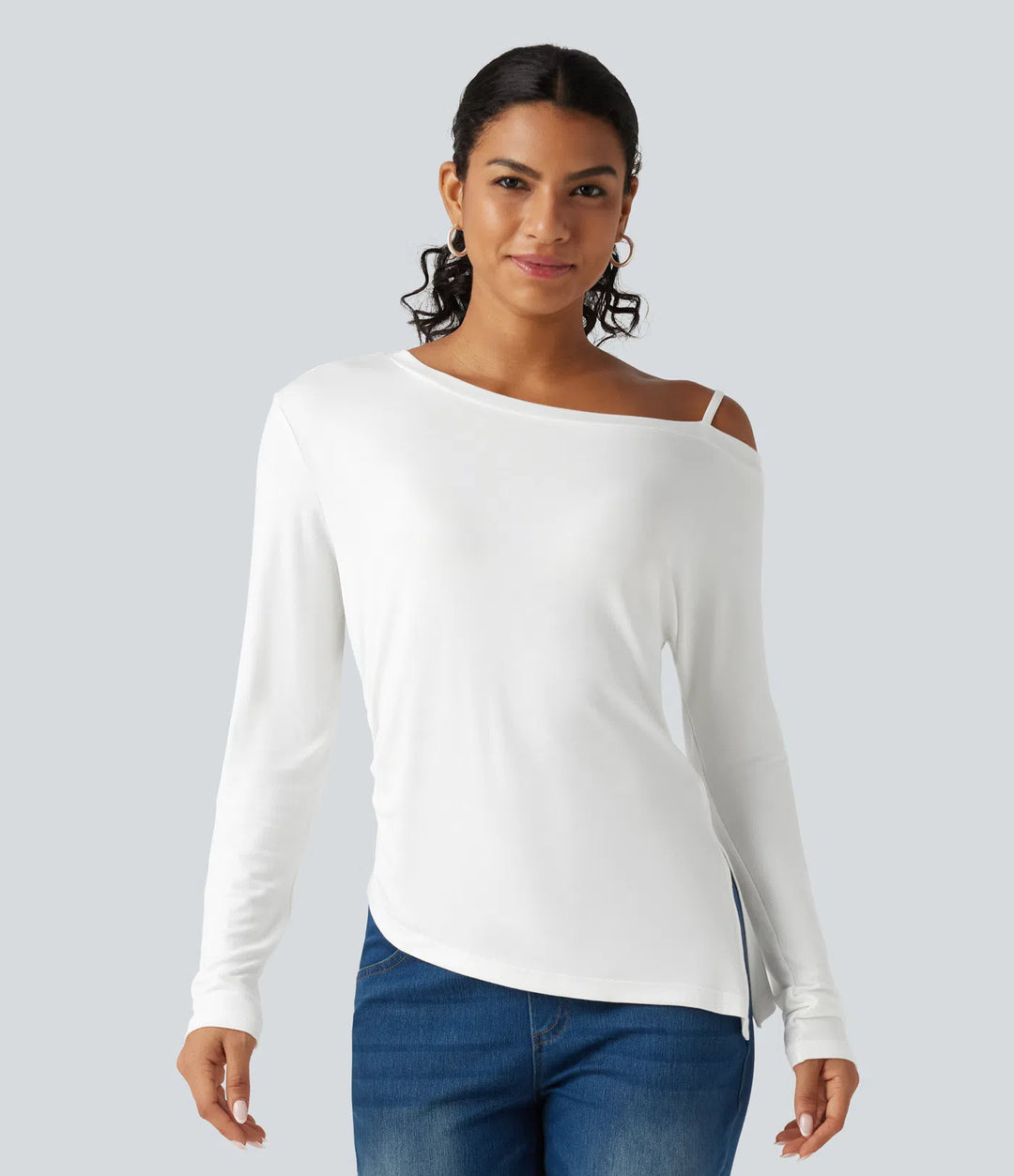Ribbed One Shoulder Long Sleeve Asymmetric Hem Casual T-Shirt