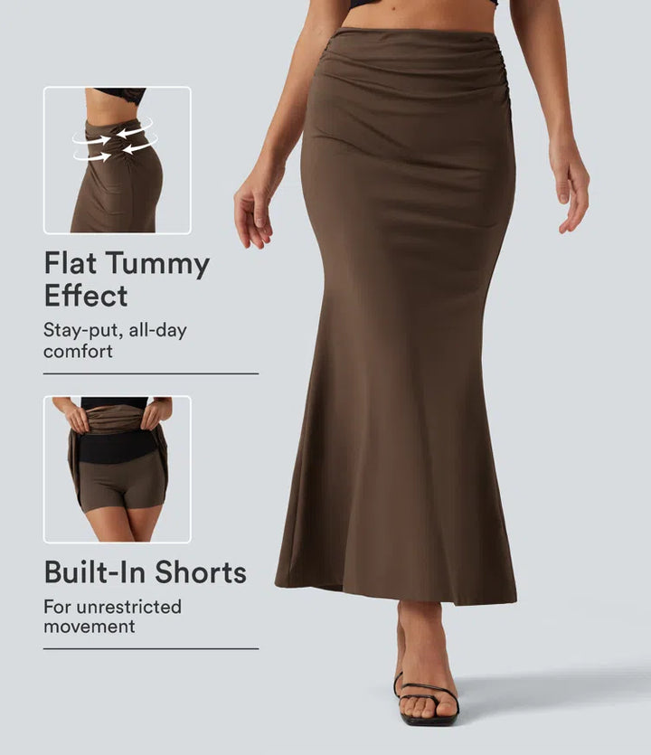 Tummy Control High Waisted 2-in-1 Ruched Casual Midi Mermaid Skirt