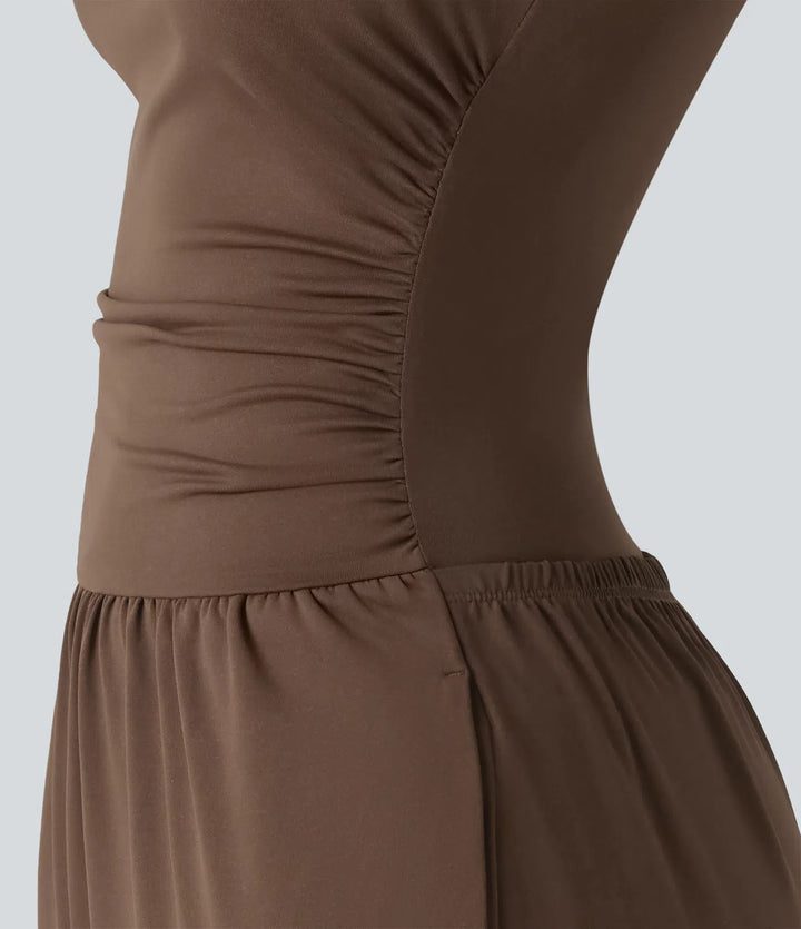 Boat Neck Sleeveless Ruched Wide Leg Casual Jumpsuit with Pockets-Easy Peezy Edition