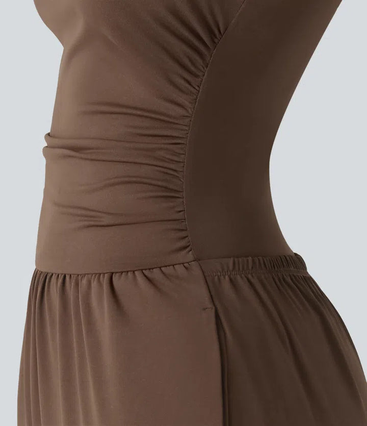 Boat Neck Sleeveless Ruched Wide Leg Casual Jumpsuit with Pockets-Easy Peezy Edition
