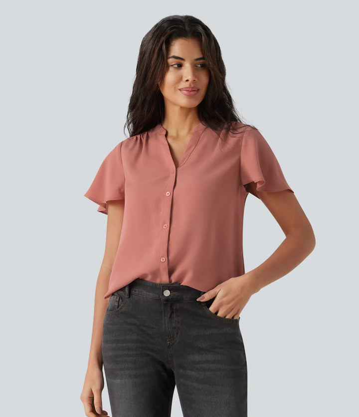 V-neck Flounce Sleeve Curved Hem Casual Blouse