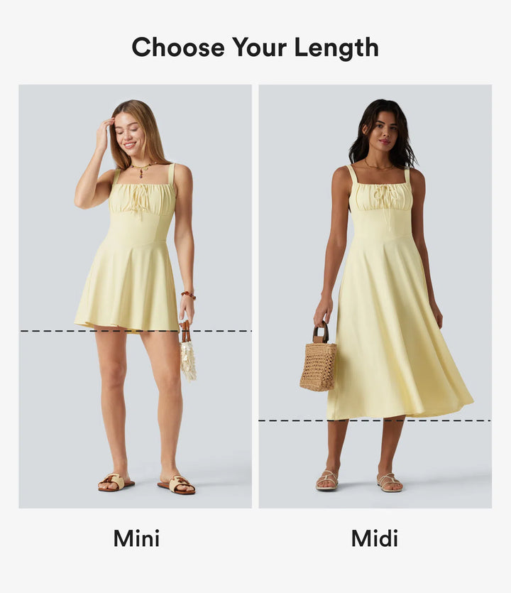 Crisscross Backless Square Neck Sleeveless Ruched Built-in Bra Midi Resort Flowy Milkmaid Dress