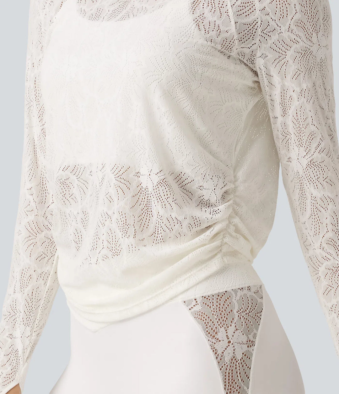 Cut Out Long Sleeve Thumb Hole Ruched Lace Yoga Sports Top
