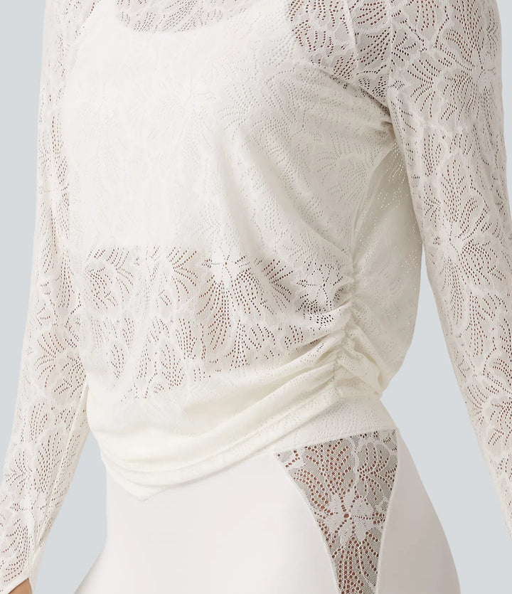 Cut Out Long Sleeve Thumb Hole Ruched Lace Yoga Sports Top