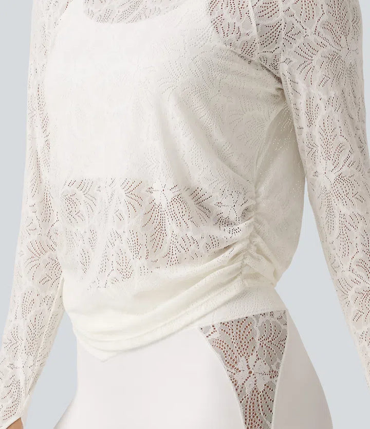 Cut Out Long Sleeve Thumb Hole Ruched Lace Yoga Sports Top