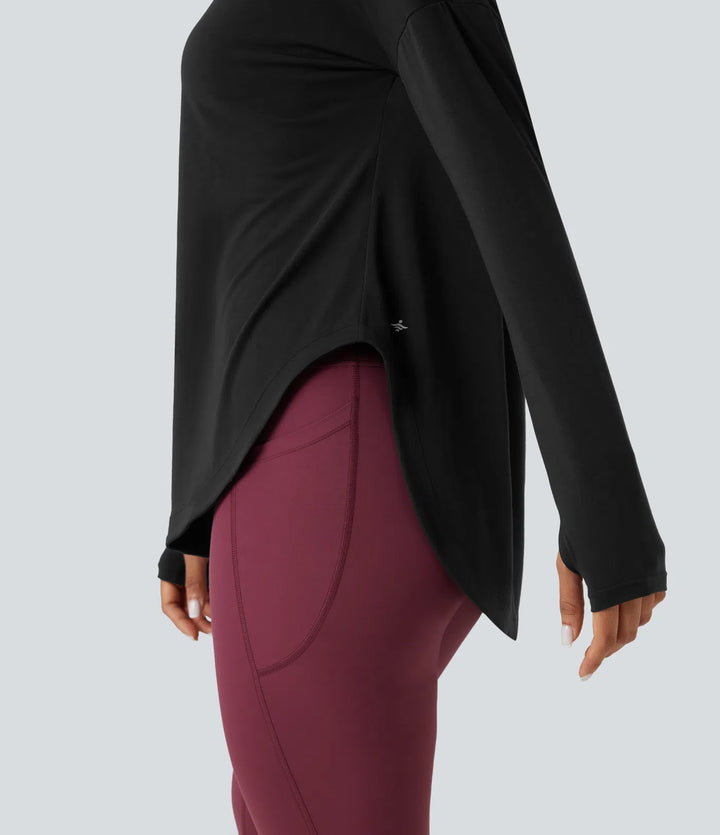 One Shoulder Long Sleeve Thumb Hole Curved Hem High Low Quick Dry Yoga Sports Top-Built-in Bra
