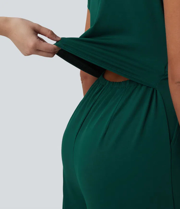 V Neck Short Sleeve Wide Leg Casual Jumpsuit with Pockets-Easy Peezy Edition